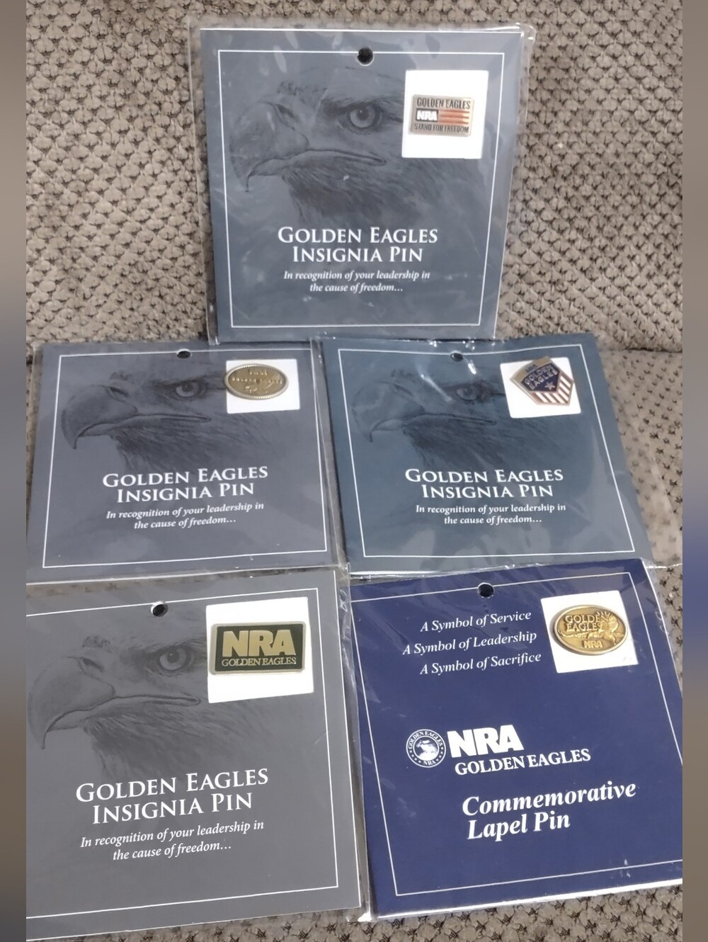 Lot Of 5- NRA Golden Eagles Commemorative Lapel Pins New In Package Mint Vintage